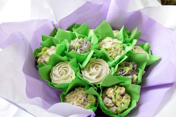 All the flowers in a gorgeous lilac cupcake bouquet